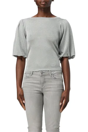 Liu Jo Truien, Dames, Grijs, S, Metallic Gebreide Trui, Elegante Stijl