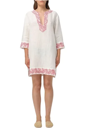 MC2 SAINT BARTH Kleedjes, Dames, Wit, L, Linnen, Elegante Kantdetail Midi Jurk