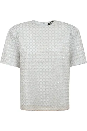 ROTATE Tops, Dames, , S, Polyester, Oversized Crewneck T-shirt met Ritssluiting en Parelborduursel