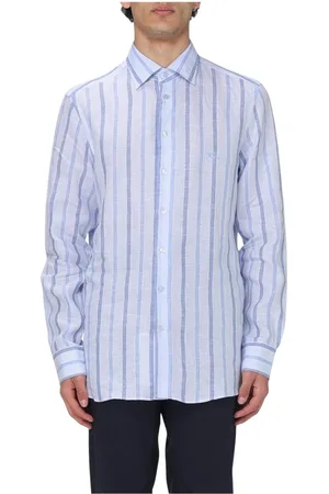 Etro Overhemden, Heren, Blauw, XL, Linnen, Blauw Gestreept Linnen Overhemd