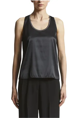 PESERICO SIGN Tops, Dames, Zwart, 2Xs, Satijn, Glanzende zijden satijnen U-hals top
