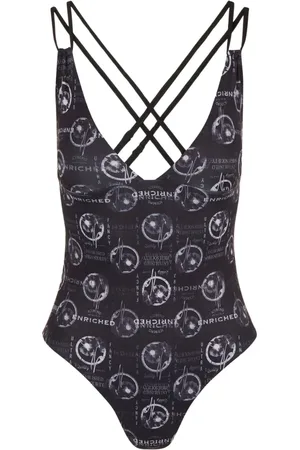Iceberg Badkleding, Dames, Zwart, M, Zwarte jumpsuit met allover prints en dubbele gekruiste rugbandjes