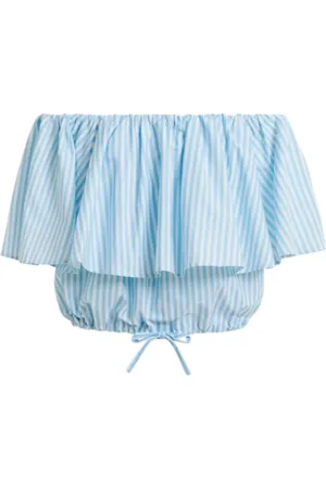 Essentiel Antwerp Blouses & Shirts, Dames, Blauw, S, Katoen, Gestreepte Off-Shoulder Blouse in Blauw/Wit