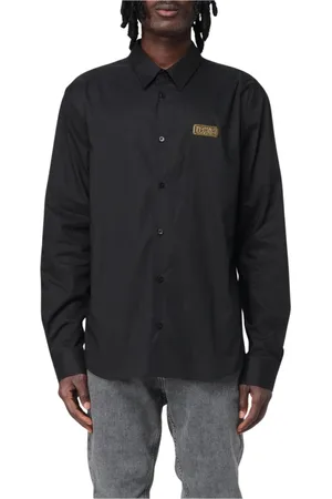 VERSACE Overhemden, Heren, Zwart, L, Katoen, Zwart Logo Shirt Stijlvol en Verfijnd