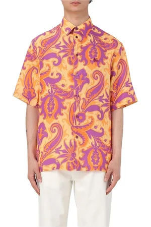 Etro Overhemden, Heren, Veelkleurig, L, Linnen, Oranje Paisley Linnen Polo Shirt