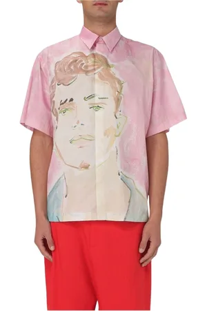 Msgm Overhemden, Heren, Roze, L, Katoen, Roze Portretprint Shirt