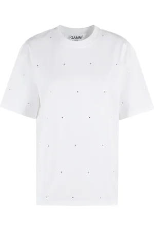 Ganni Tops, Dames, Wit, S, Katoen, Rhinestone Drop Shoulder Katoenen Top