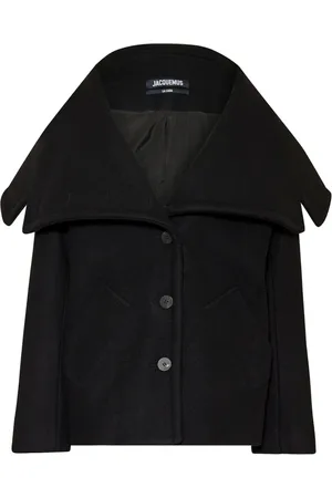 Jacquemus Jassen, Dames, Zwart, S, Wol, Zwarte Wollen Jas met Gedrapeerd Kraag