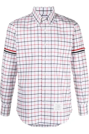 Thom Browne Overhemden, Heren, Veelkleurig, M, Katoen, Tattersall Check Overhemd Wit Rood Streep