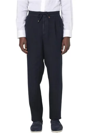 Brunello Cucinelli Broeken, Heren, Blauw, L, Linnen, Blauwe Linnen Trekkoord Casual Broek