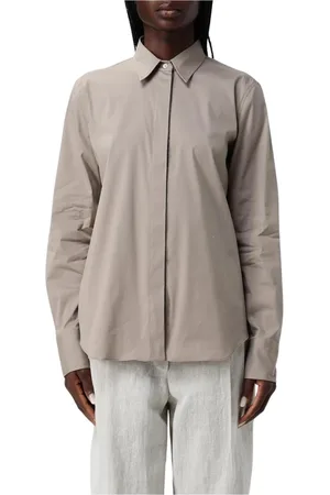 Brunello Cucinelli Blouses & Shirts, Dames, Bruin, L, Katoen, Bruine Katoenen Poplin Overhemd