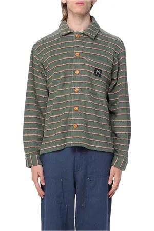 Brain Dead Overhemden, Heren, Groen, L, Polyester, Gestreept Fleece Casual Shirt Groen