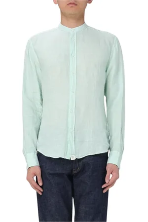 Peuterey Overhemden, Heren, Groen, M, Linnen, Mandarijn Kraag Linnen Casual Shirt