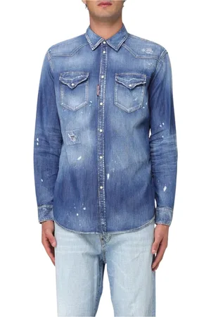Dsquared2 Overhemden, Heren, Blauw, L, Denim, Versleten Denim Overhemd Lange Mouwen