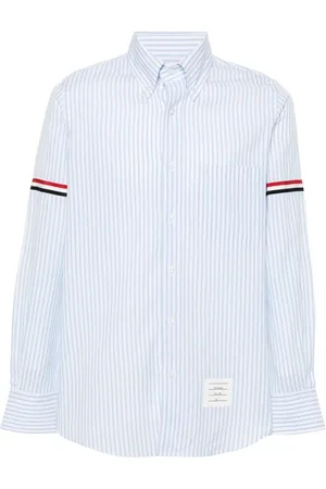 Thom Browne Overhemden, Heren, Blauw, XL, Katoen, Verticale Streep Katoenen Overhemd