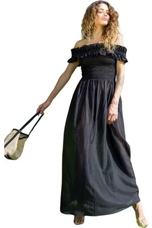 Crās Kleedjes, Dames, Zwart, XS, Polyester, Off-shoulder Smock Maxi Jurk Zwart