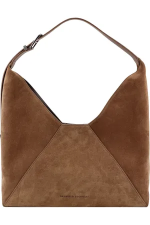 Brunello Cucinelli Tassen, Dames, Bruin, ONE Size, Suède, Suède Schoudertas met Gegraveerd Logo