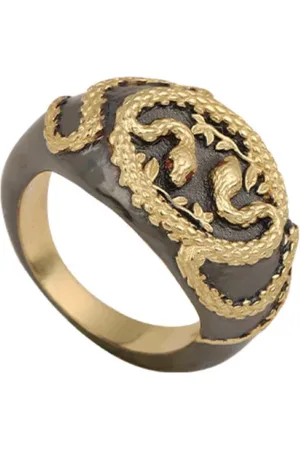 Dorothée Sausset Accessoires, Dames, Veelkleurig, 52 MM, Vergulde Ring met Slangmotief en Rode Zirkonen