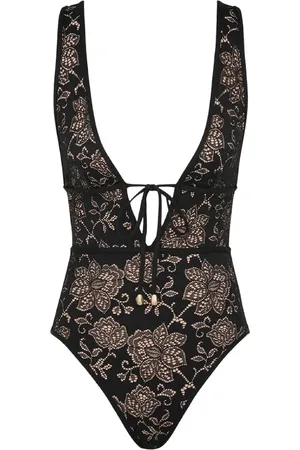 ZIMMERMANN Badkleding, Dames, Zwart, L, Nylon, Kanten Eendelig Badpak met Strik