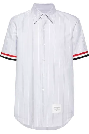 Thom Browne Overhemden, Heren, Grijs, S, Katoen, Verticaal Gestreept Katoenen Overhemd