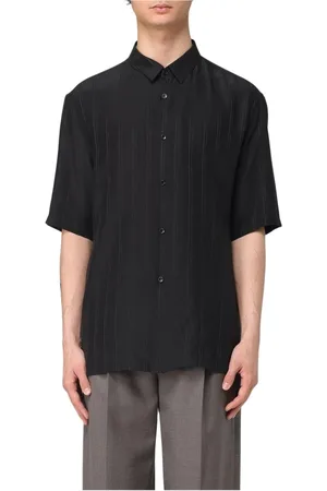 Saint Laurent Overhemden, Heren, Zwart, XL, Leer, Zwarte Zijden Korte Mouw Shirt