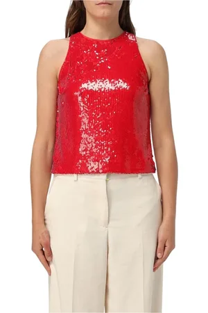 Msgm Tops, Dames, Rood, S, Rode Mouwloze Top met Ruchedetail