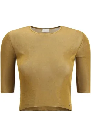 Saint Laurent Tops, Dames, Bruin, M, Leer, Geribbelde Gebreide Top Driekwart Mouwen