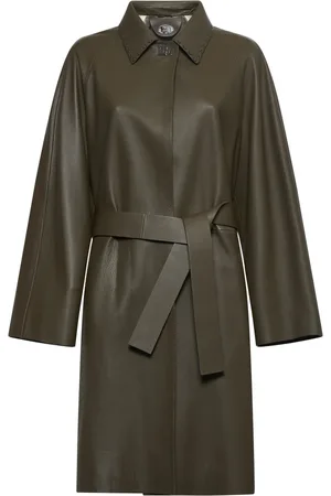 Fendi Mantels, Dames, Bruin, L, Leren overjas met twist-lock sluiting