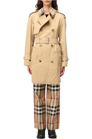 Burberry Mantels, Dames, , 2Xs, Katoen, Trenchcoat met Geruite Kraag