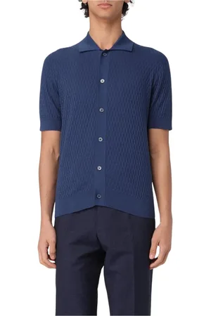 Paolo Pecora Truien, Heren, Blauw, M, Katoen, Blauwe Gebreide Polo Shirt Regular Fit