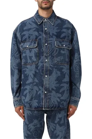 Palm Angels Overhemden, Heren, Blauw, M, Denim, Blauwe Denim All Over Print Shirt