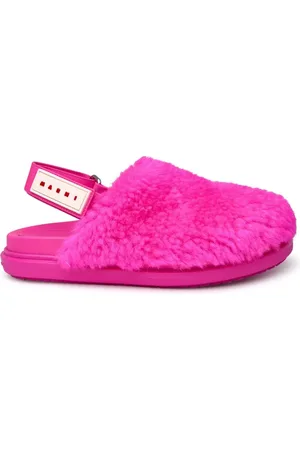 Marni Schoenen, Dames, Roze, 38 EU, Leer, Fuchsia Fur Slipper met Velcro Sluiting