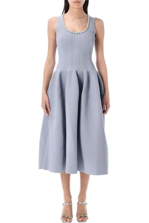 Self-Portrait Kleedjes, Dames, Blauw, S, Polyester, Lichtblauwe Geribbelde Gebreide Midi Jurk