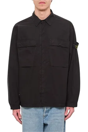Stone Island Jassen, Heren, Zwart, M, Katoen, Zandkleurig Shirt met Lange Mouwen