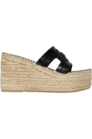 VERSACE Schoenen, Dames, Zwart, 38 EU, Leer, Zwarte Espadrille Sleehak Sandalen met Uitsnijding