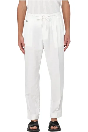 Paolo Pecora Broeken, Heren, Wit, L, Linnen, Blauwe Linnen Casual Broek voor Mannen