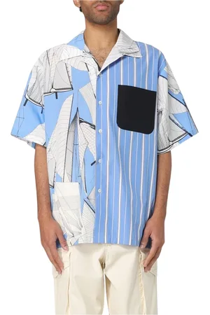 Msgm Overhemden, Heren, Veelkleurig, L, Katoen, Aangevreten Blauw Zeilboot Print Shirt