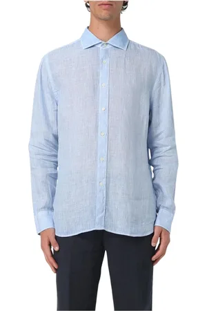 120% Lino Overhemden, Heren, Blauw, L, Linnen, Blauw Linnen Casual Overhemd Moderne Stijl