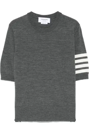 Thom Browne Truien, Dames, Grijs, S, Grijze Crew Neck Sweater met Sheer Sleeves