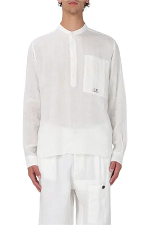 C.P. Company Overhemden, Heren, Wit, XS, Linnen, Groene Linnen Mandarin Kraag Shirt