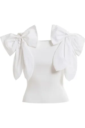 Essentiel Antwerp Tops, Dames, Wit, XS, Polyester, Geribbelde Off-Shoulder Top met Oversized Bows
