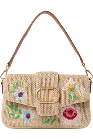 Twin-Set Tassen, Dames, , ONE Size, Leer, Bloemen Stro Schoudertas