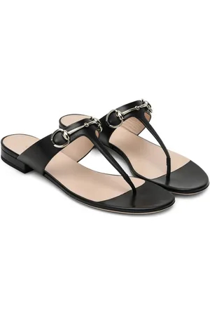 Gucci Schoenen, Dames, Zwart, 36 1/2 EU, Zwarte leren platte sandalen met Horsebit-detail