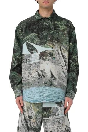 Msgm Overhemden, Heren, Veelkleurig, M, Kleurrijk Landschap Print Shirt
