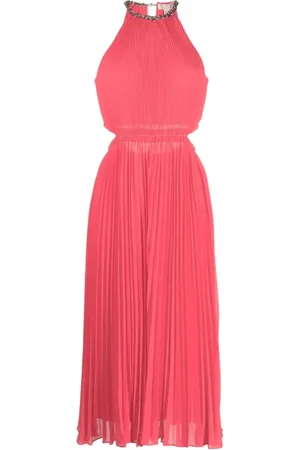 Michael Kors Kleedjes, Dames, Rood, L, Polyester, Gepleite Midi-jurk met uitsnijding
