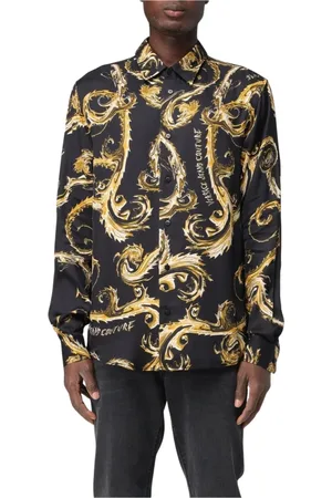 VERSACE Overhemden, Heren, Zwart, XS, Barok Print Zijden Overhemd Mannen Zwart