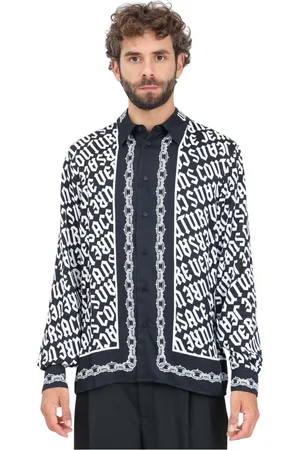 VERSACE Overhemden, Heren, Veelkleurig, S, Gotische Logo Print Herenshirt
