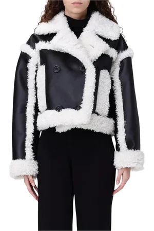 Stand Studio Jassen, Dames, Zwart, S, Leer, Shearling jas voor moderne vrouw