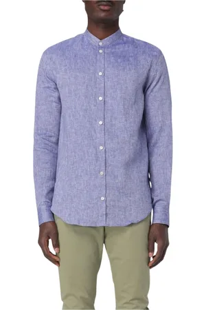 Emporio Armani Overhemden, Heren, Blauw, S, Linnen, Mandarijn Kraag Linnen Overhemd Lange Mouw