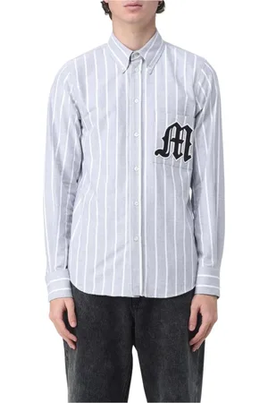 Msgm Overhemden, Heren, Grijs, M, Katoen, Geborduurd Logo Gestreept Katoenen Overhemd